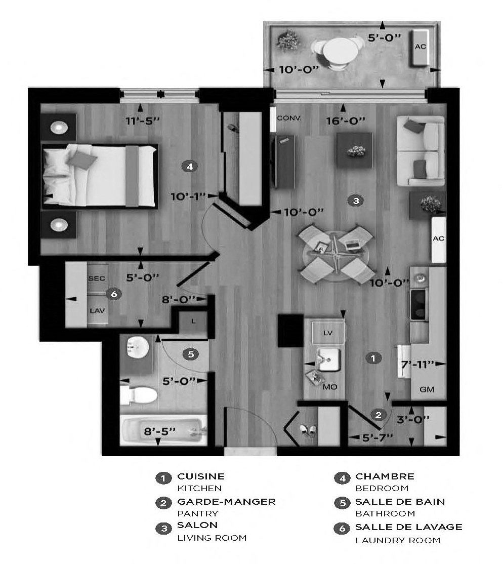 1 bedroom 1 bathroom apartment floor plan at La Voile Pointe-Claire in Pointe Claire, QC