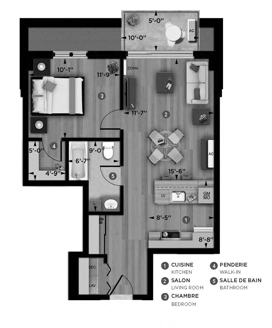 1 bedroom 1 bathroom apartment floor plan at La Voile Pointe-Claire in Pointe Claire, QC