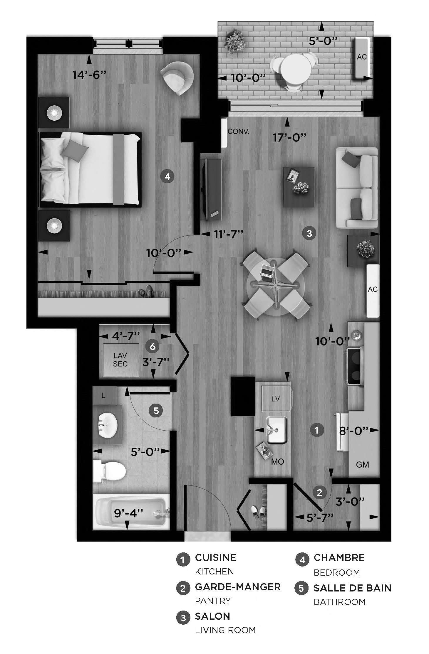 1 bedroom 1 bathroom apartment floor plan at La Voile Pointe-Claire in Pointe Claire, QC