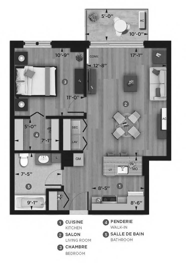 1 bedroom 1 bathroom apartment floor plan at La Voile Pointe-Claire in Pointe Claire, QC