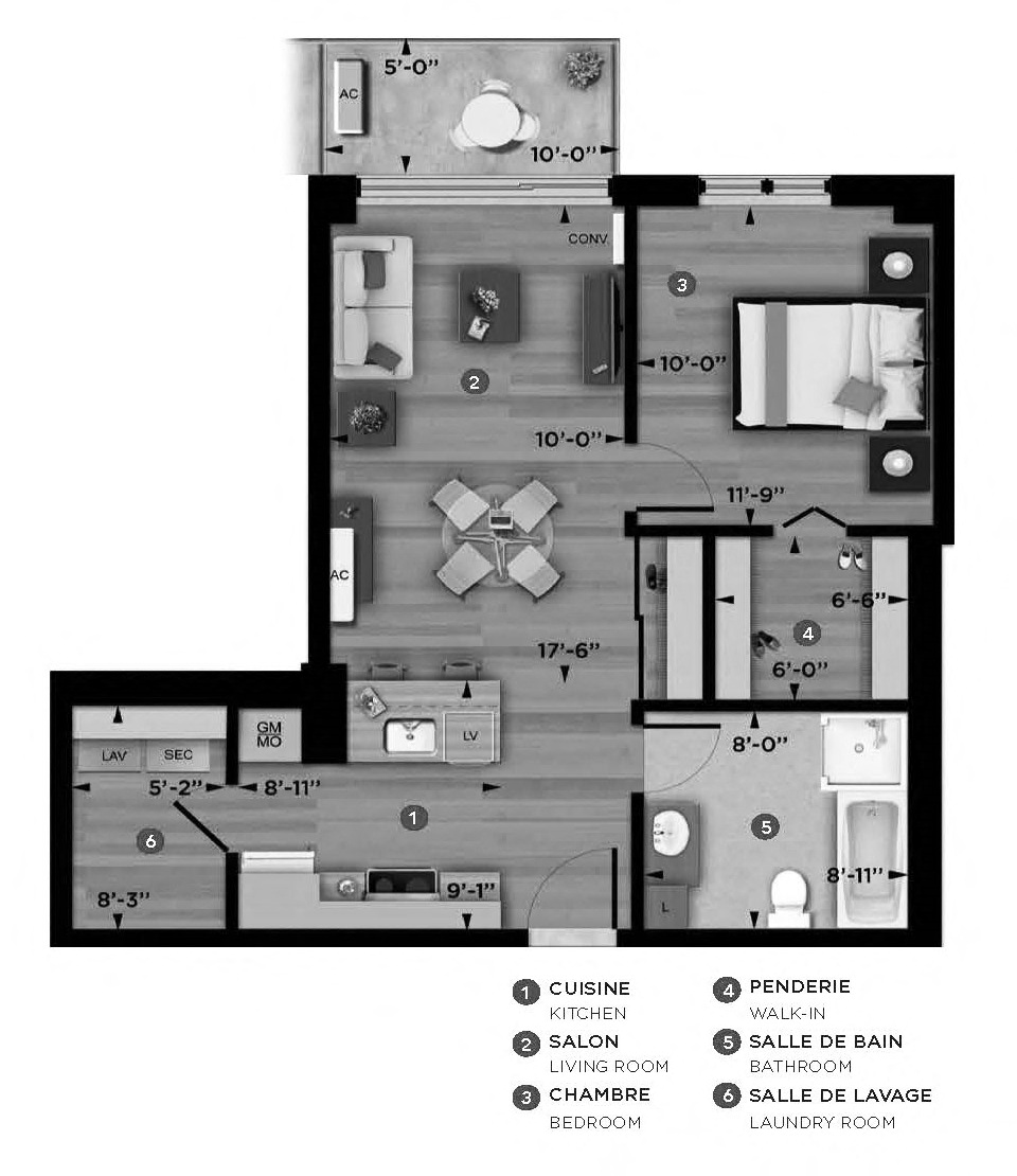 Floor plan of a 1 bedroom, 1 bathroom apartment at La Voile Pointe-Claire in Point Claire, QC