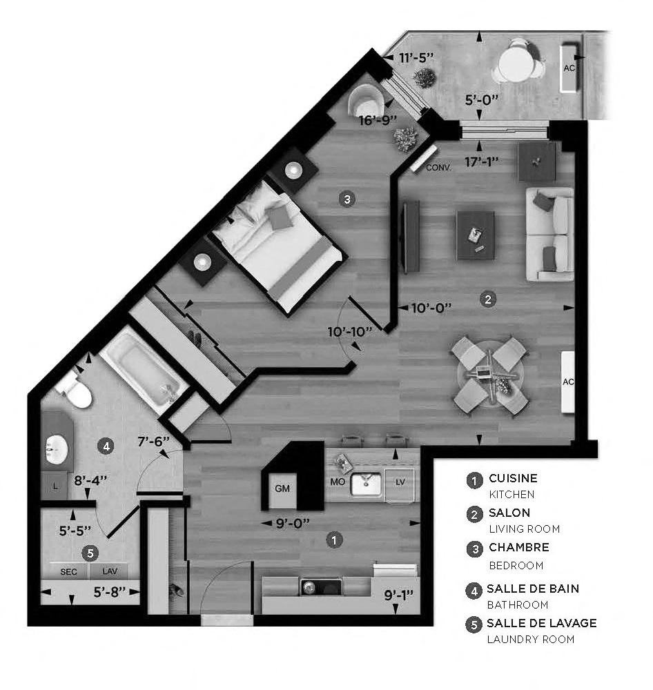 1 bedroom 1 bathroom apartment floor plan at La Voile Pointe-Claire in Pointe Claire, QC