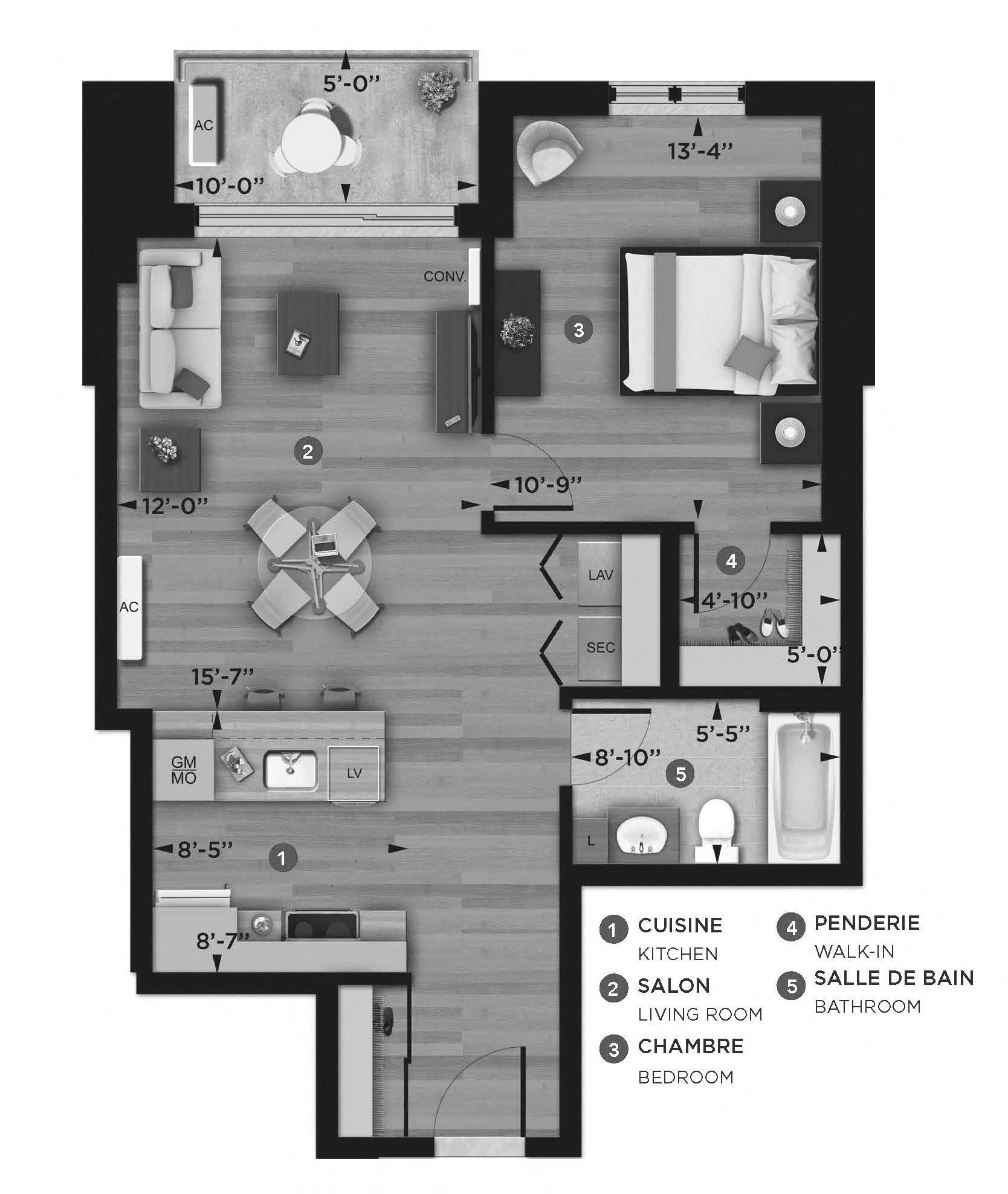 1 bedroom 1 bathroom apartment floor plan at La Voile Pointe-Claire in Pointe Claire, QC