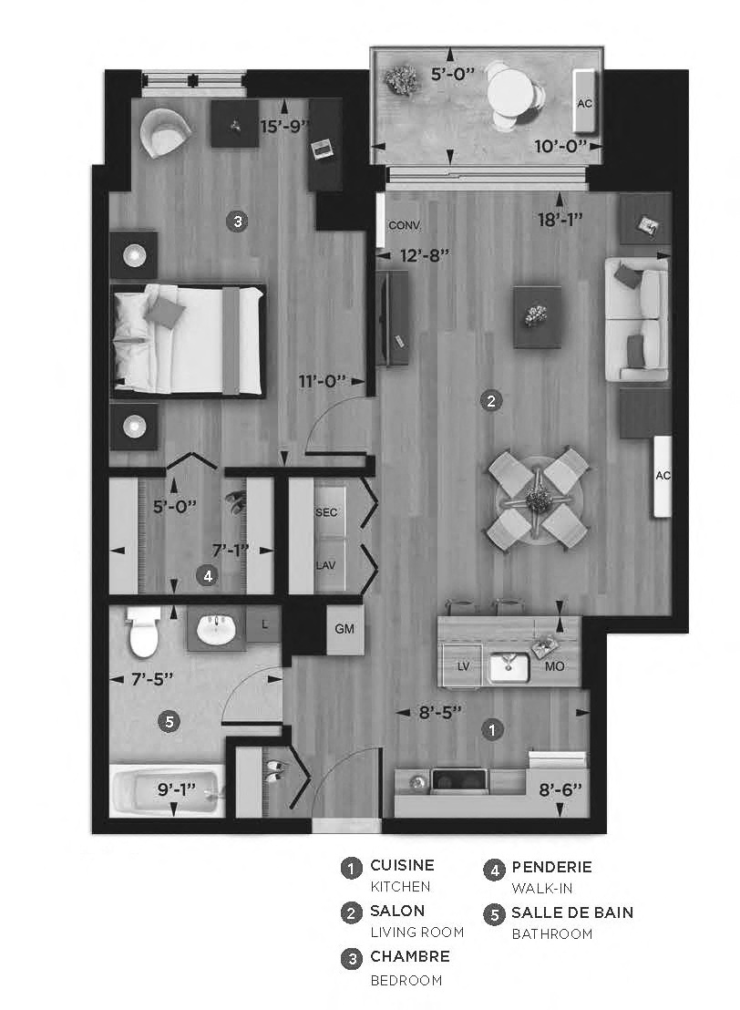 1 bedroom 1 bathroom apartment floor plan at La Voile Pointe-Claire in Pointe Claire, QC