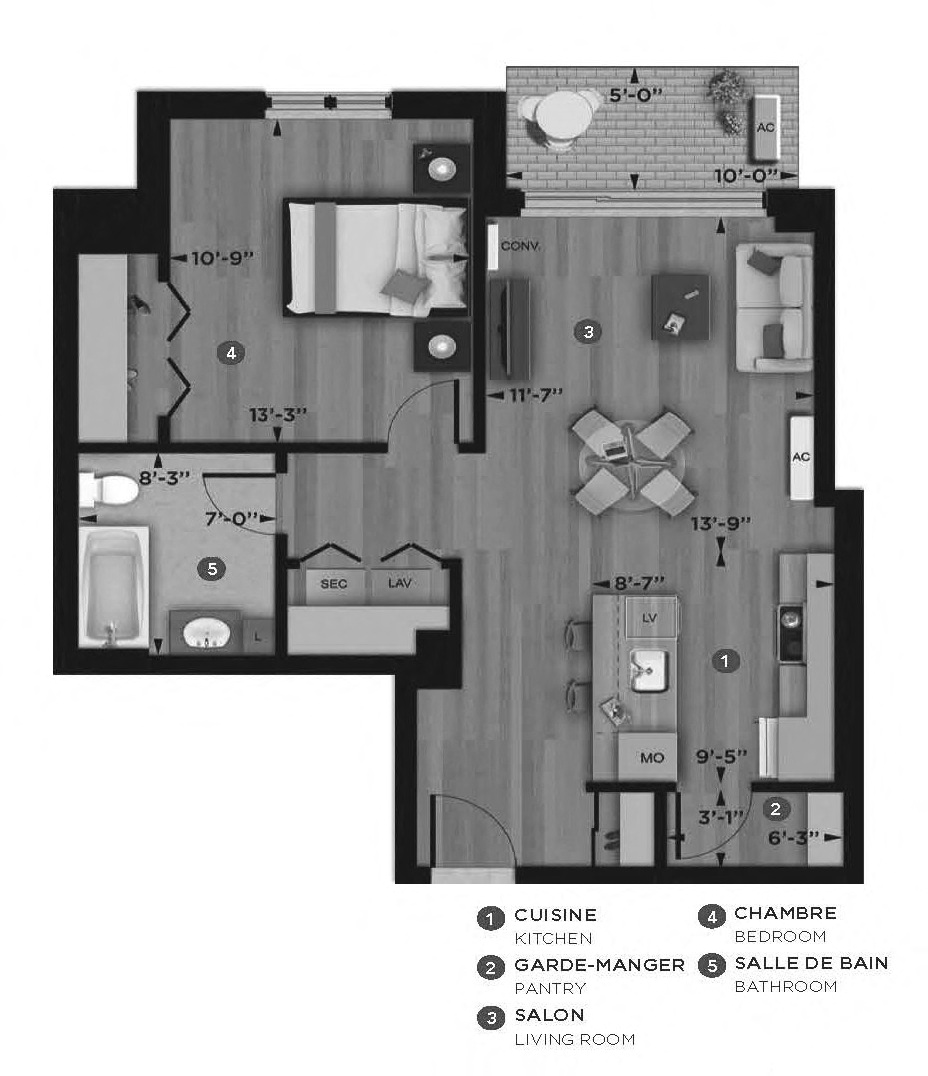1 bedroom 1 bathroom apartment floor plan at La Voile Pointe-Claire in Pointe Claire, QC