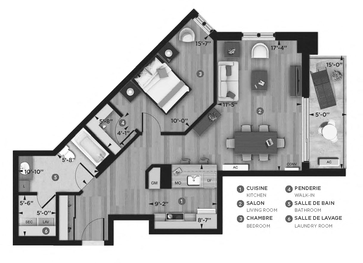 1 bedroom 1 bathroom apartment floor plan at La Voile Pointe-Claire in Pointe Claire, QC