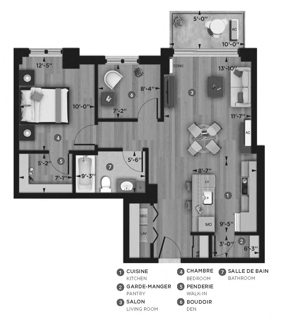 1 bedroom 1 bathroom apartment floor plan at La Voile Pointe-Claire in Pointe Claire, QC