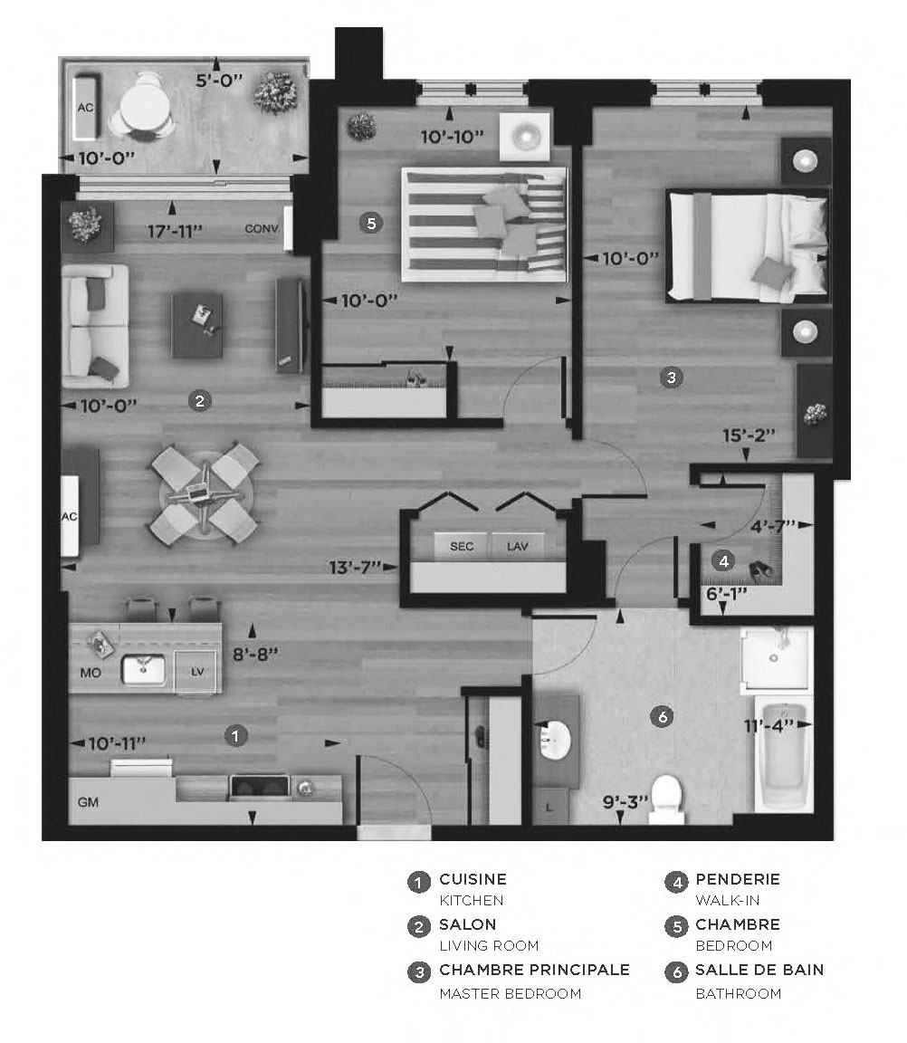 2 bedroom 1 bathroom apartment floor plan at La Voile Pointe-Claire in Pointe Claire, QC