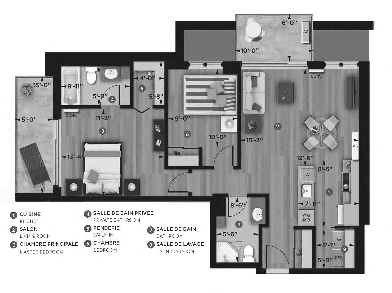 2 bedroom 2 bathroom apartment floor plan at La Voile Pointe-Claire in Pointe Claire, QC