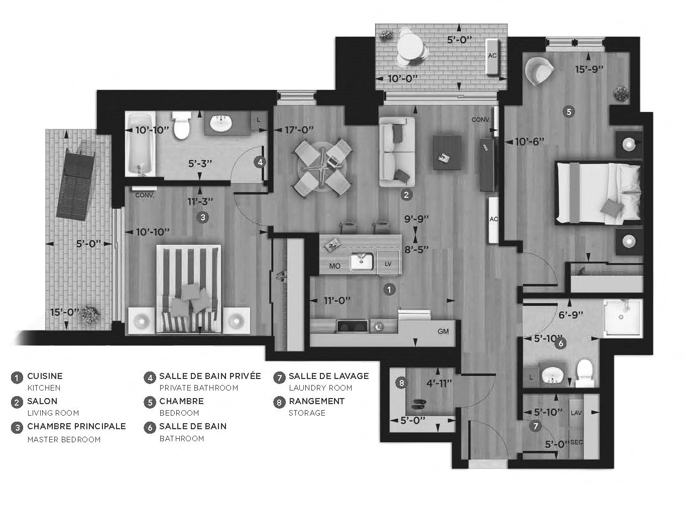 2 bedroom 2 bathroom apartment floor plan at La Voile Pointe-Claire in Pointe Claire, QC