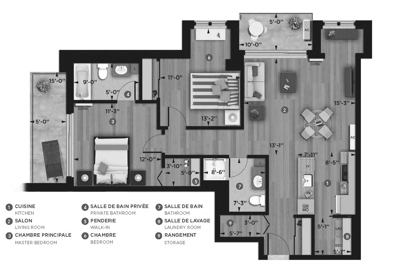 2 bedroom 2 bathroom apartment floor plan at La Voile Pointe-Claire in Pointe Claire, QC