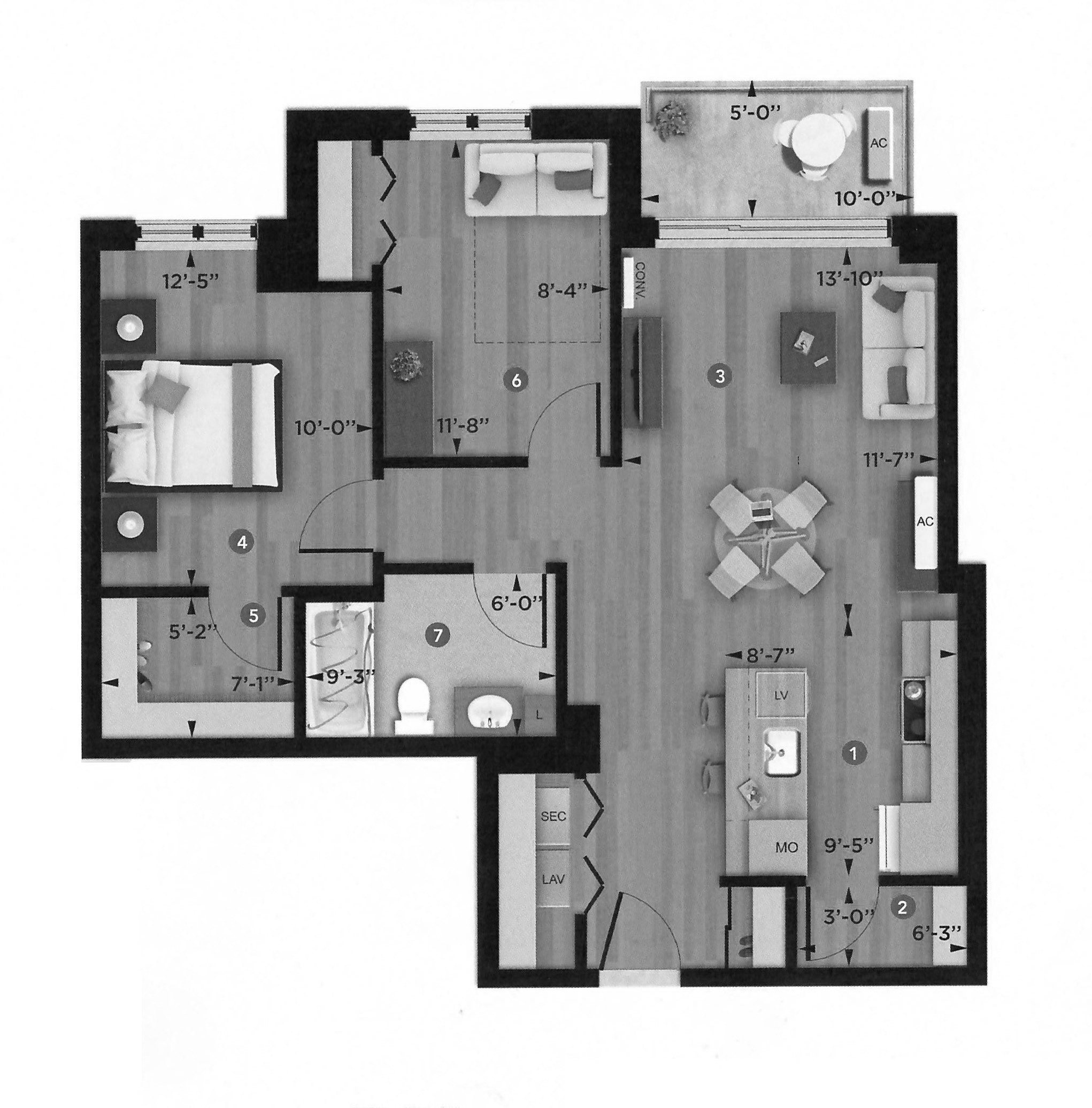 One bedroom, one bathroom apartment layout at La Voile Boisbriand in Boisbriand, QC