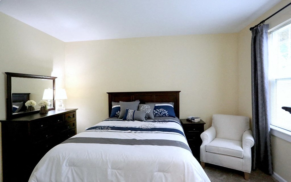 a bedroom with a bed and a chair and a dresser