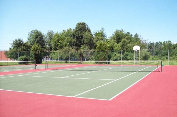 a tennis court with trees in the background