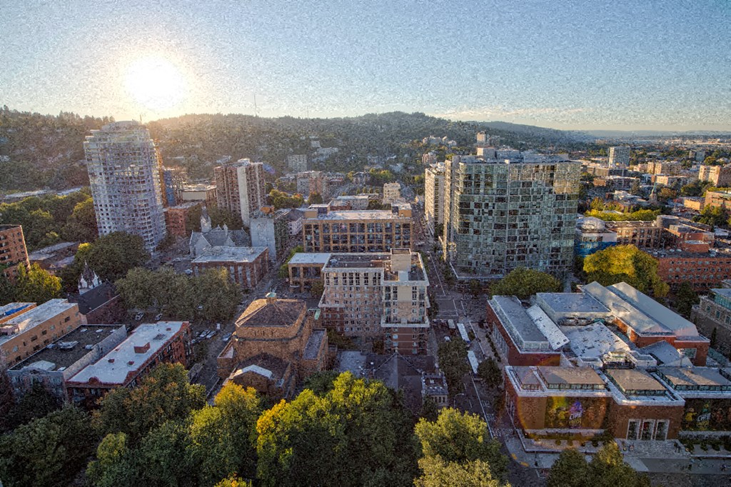 an aerial view of the city