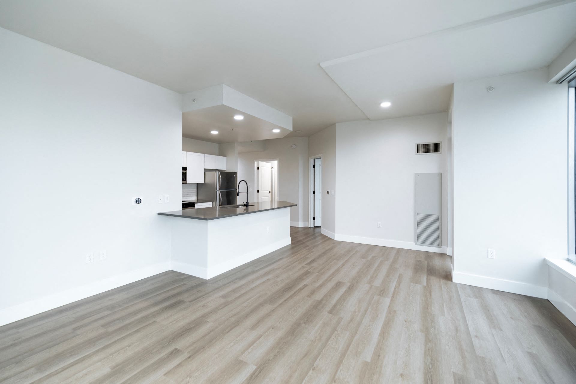 a living room and kitchen with white walls and wood floors