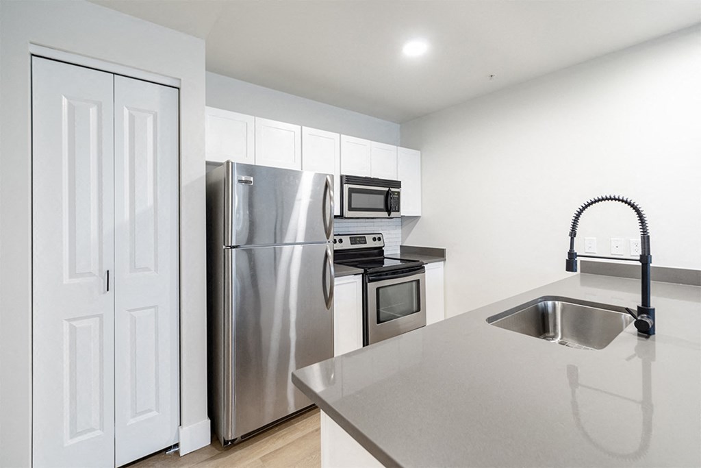 a kitchen with stainless steel appliances and a counter top