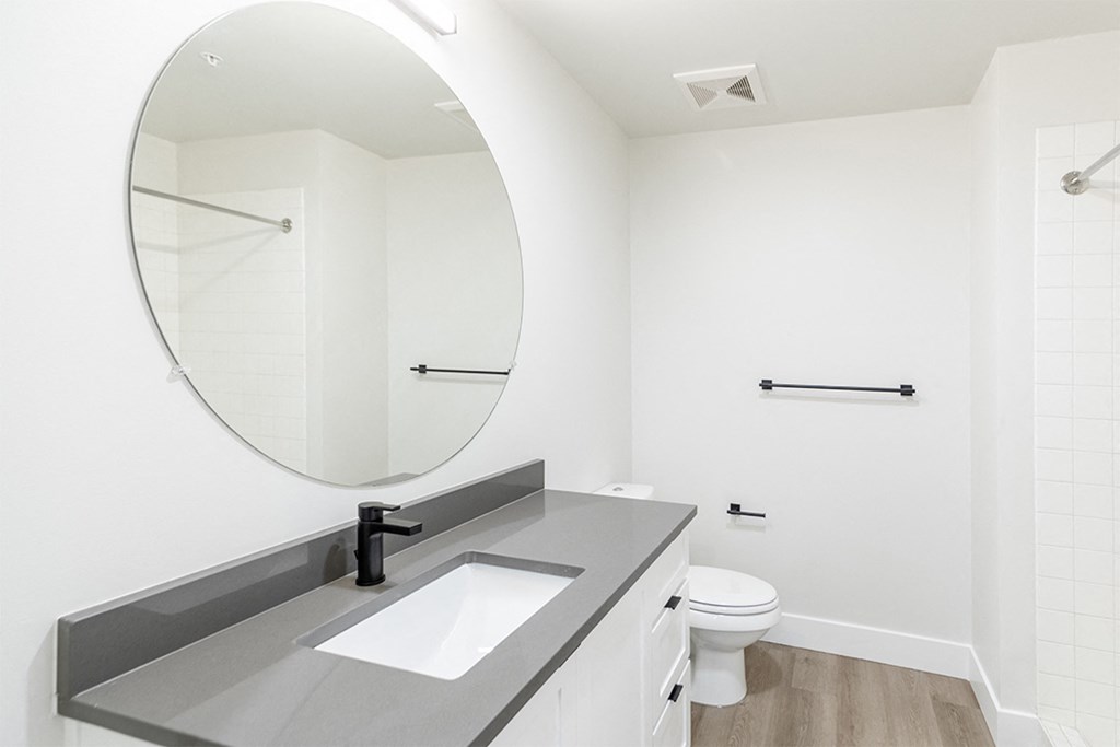 a bathroom with a sink and a mirror