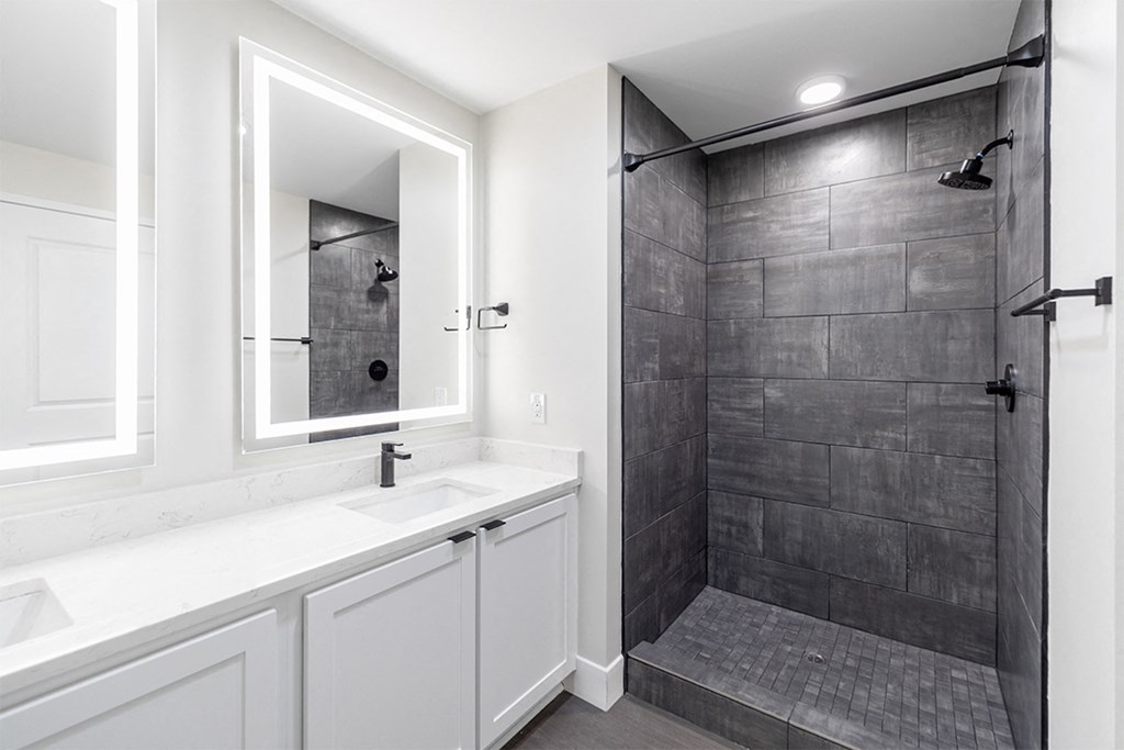 a bathroom with a shower and a sink and a mirror