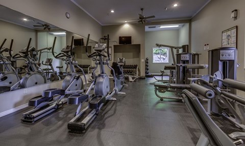 a gym with cardio equipment and weights on the floor
