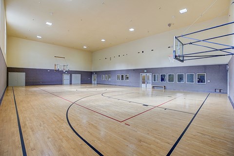 the multipurpose gym has a wood floor and a basketball court