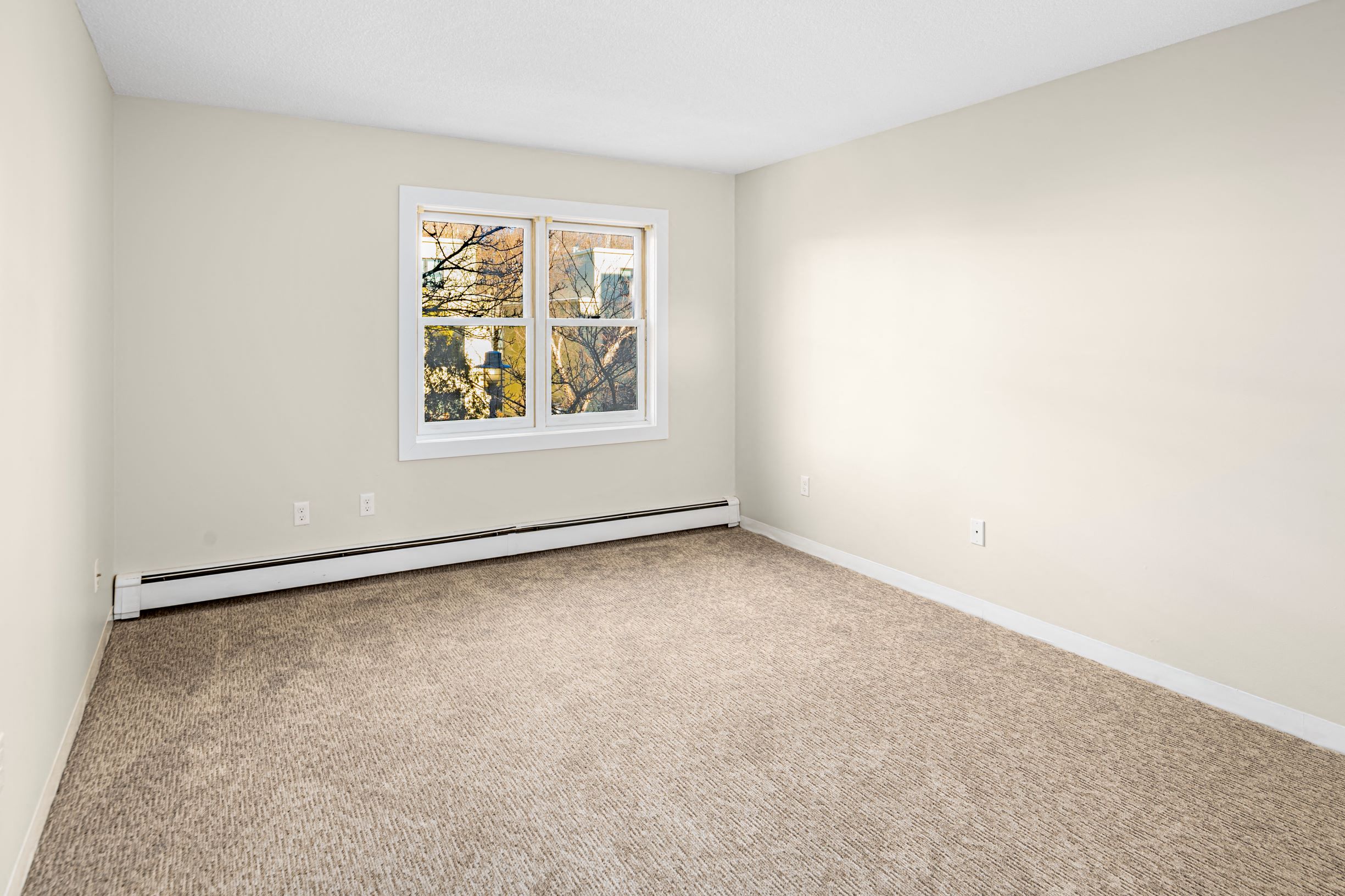 an empty living room with a window and carpet