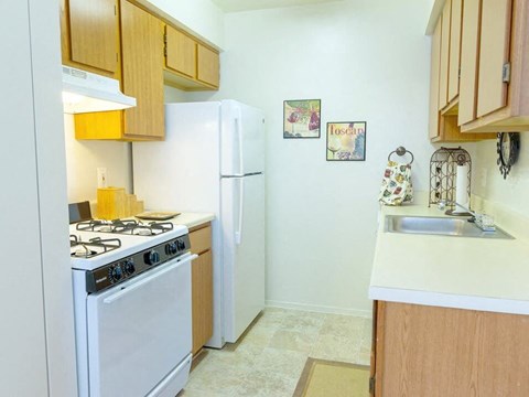 a kitchen with a stove and a refrigerator