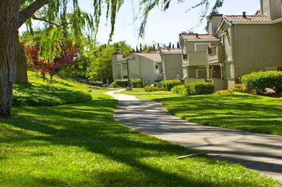 a sidewalk in the middle of some houses