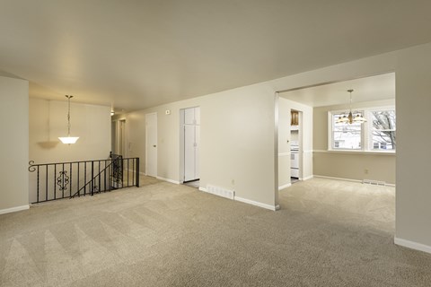 A spacious room with a carpeted floor and a black metal railing.