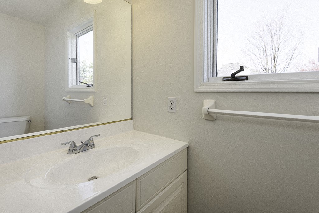 A bathroom with a white sink and a mirror.
