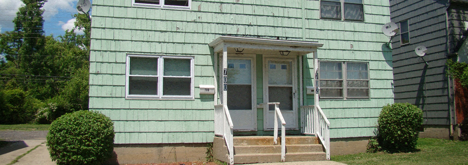 A green house with a white door and windows.