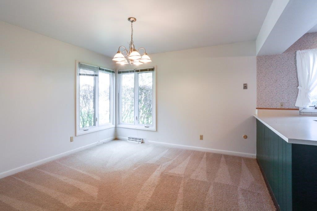 A room with a carpeted floor and a window with a view of trees.
