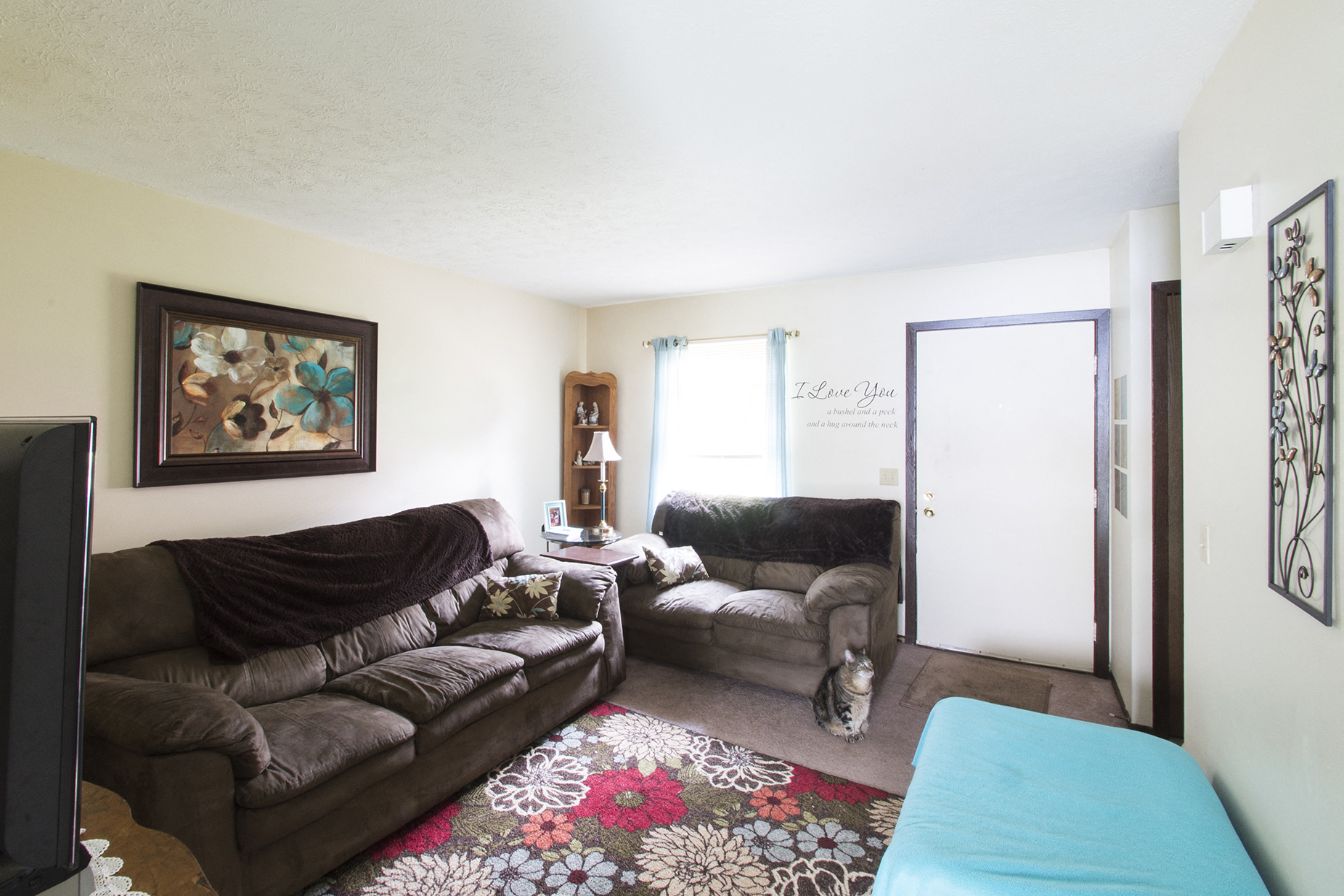 a living room with two couches and a rug
