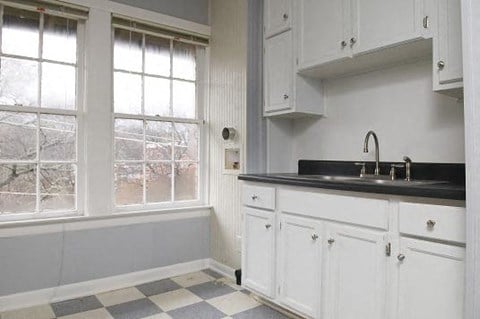 a white kitchen with a sink and two windows