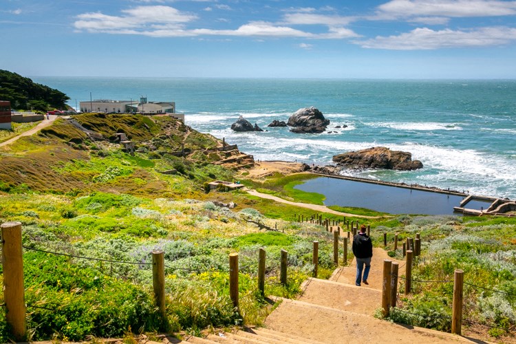 a person walking down a path to the ocean