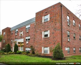a large brick building with a green lawn in front of it