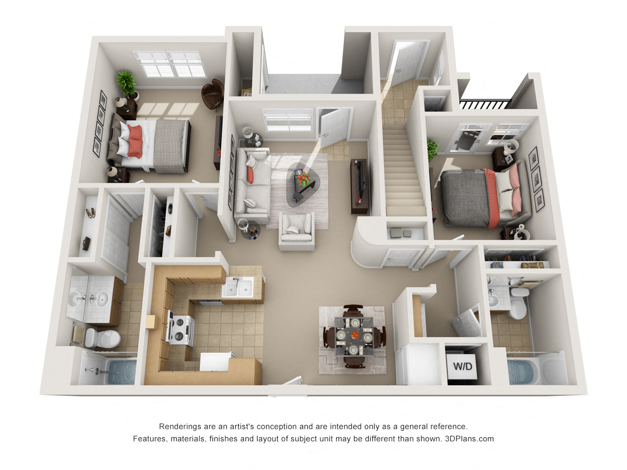 2 Bedroom 3D Floorplan