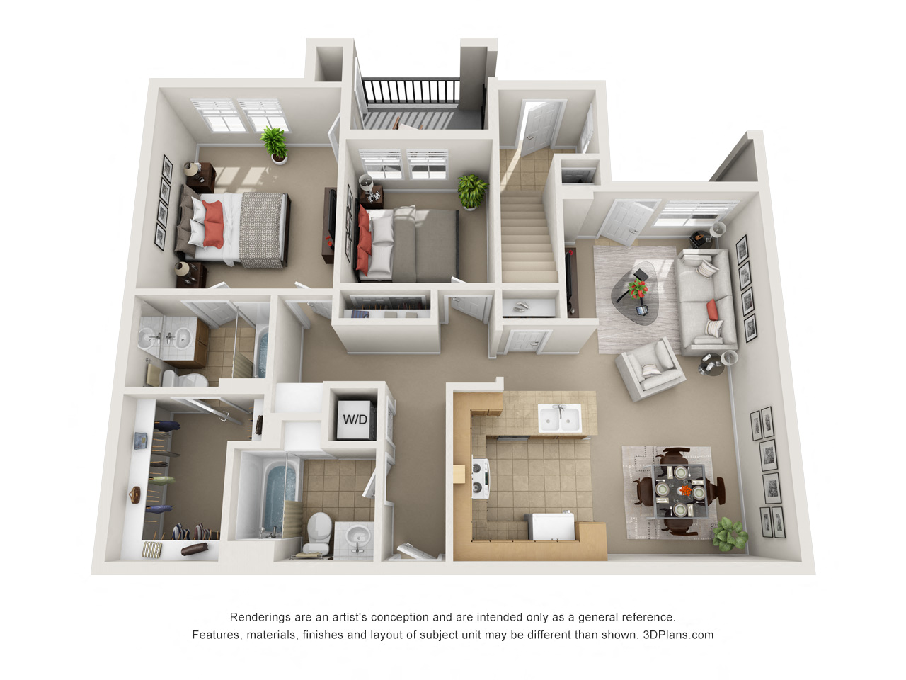2 Bedroom 3D Floorplan