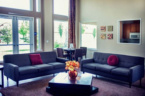 a living room with two couches and a coffee table