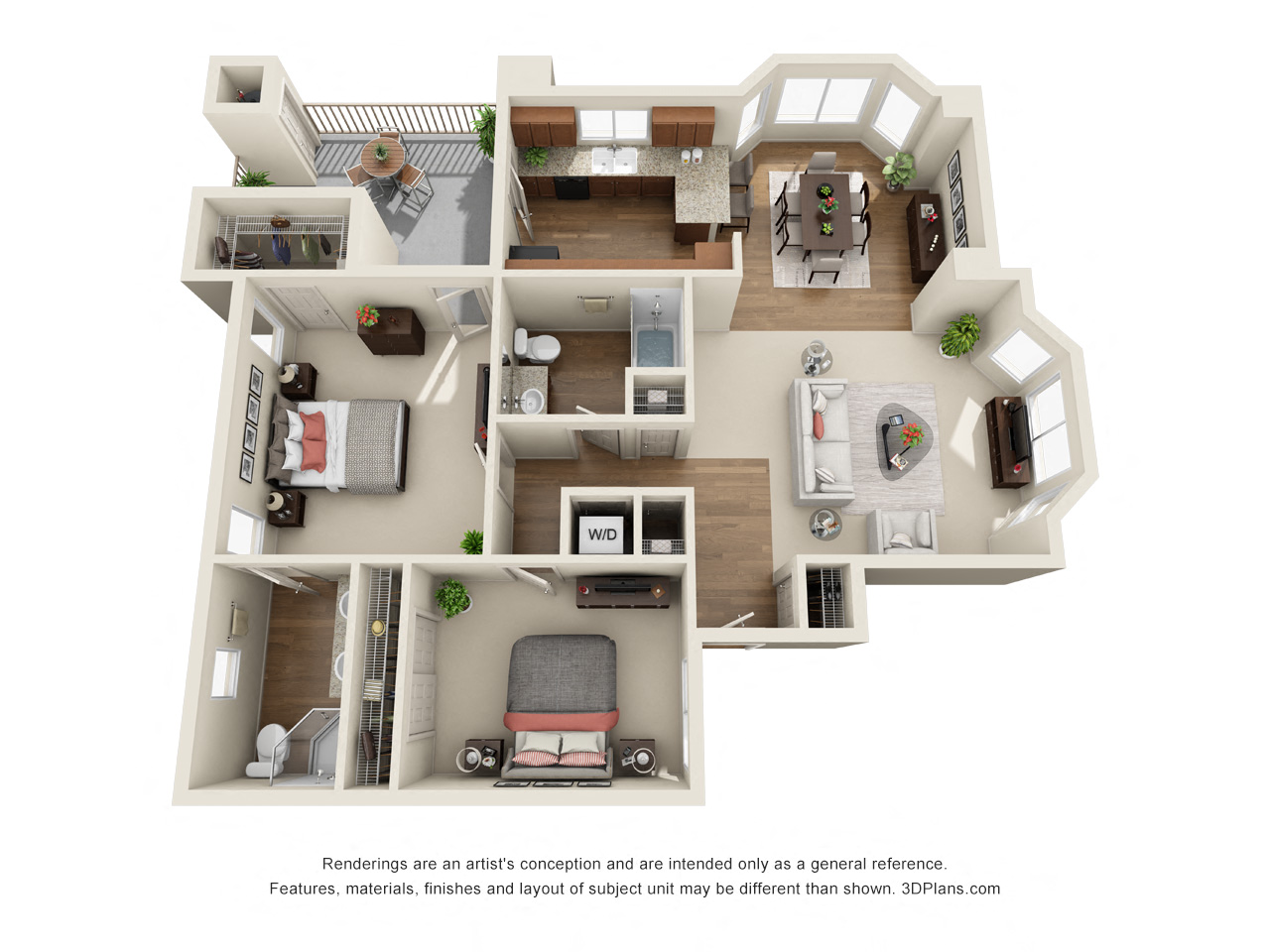 2 Bedroom 3D Floorplan