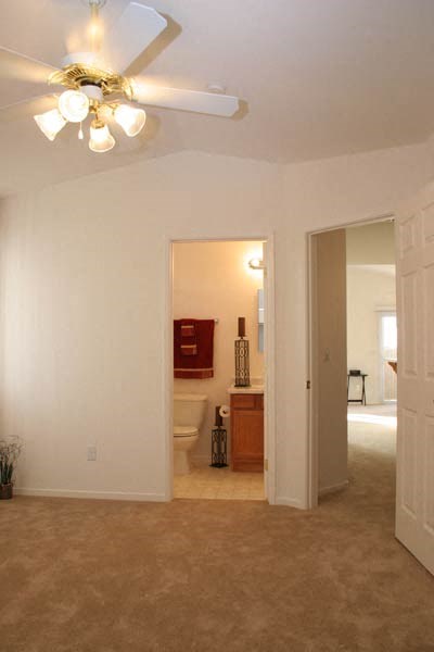 a living room with a ceiling fan and a toilet