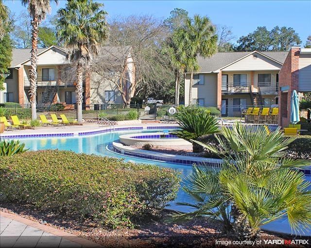 a large swimming pool with palm trees and houses