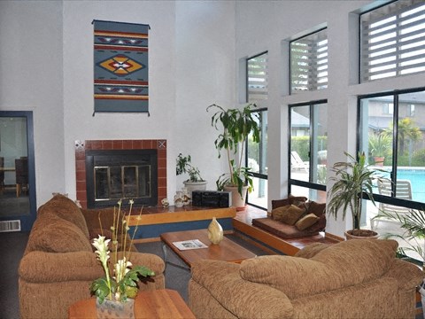 Seating area by fireplace