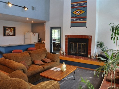 Leasing office with fireplace l Temescal Apartments 