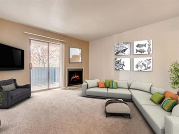 Living room with fireplace and patio Villa La Charles l Apartments in Albuquerque NM