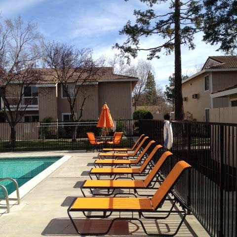 Pool and lounge chairs l The Grove Apartments in Davis CA
