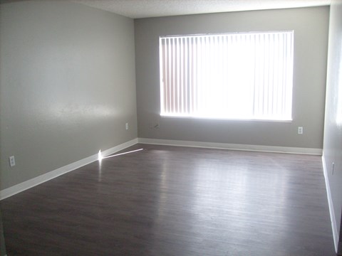an empty living room with wood floors and a window