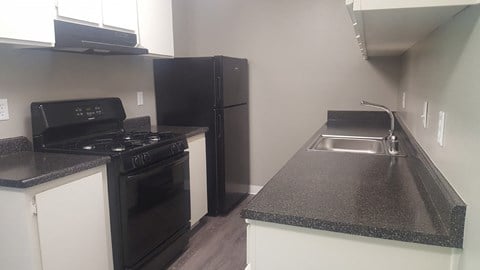 a kitchen with a stove and a refrigerator and a sink