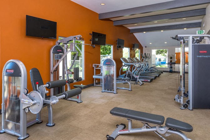 a gym with weights and cardio equipment in a hotel gym