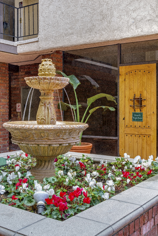 a water fountain in front of a building with flowers